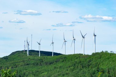 Rüzgâr türbinlerinin oluşturduğu sıra, yaz mevsiminde yeşil ağaçlar ve mavi gökyüzü arasında dağda sürdürülebilir enerji üretir..