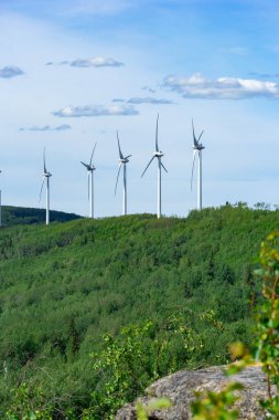 Rüzgâr türbinlerinin oluşturduğu sıra, yaz mevsiminde yeşil ağaçlar ve mavi gökyüzü arasında dağda sürdürülebilir enerji üretir..