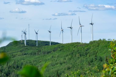 Rüzgâr türbinlerinin oluşturduğu sıra, yaz mevsiminde yeşil ağaçlar ve mavi gökyüzü arasında dağda sürdürülebilir enerji üretir..