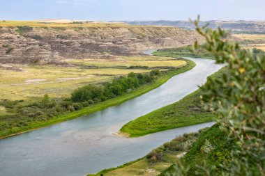Çorak topraklar boyunca uzanan vadideki tepeden nehre kadar uzanan harika bir yaz manzarası. Kızıl Geyik Nehri, Orkney Gözcüsü, Alberta, Kanada.