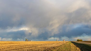 Manzaralı bir kırsal alan, ufukta yağmur gibi yağan dramatik bir bahar gökyüzünün altında sarı sakallı bir tarla yakalıyor. Uzaktaki tahıl asansörleri.
