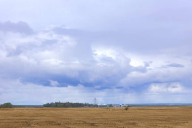 Kırsal alanda ilkbaharın başlarında, tohumlu tarlalar geçen yıl kirli sakallar ve bulutlu mavi gökyüzü, ufukta yağmur yağıyor..