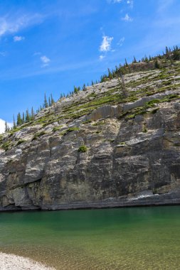 Berrak turkuaz suları olan bir gölün dağlarında güzel bir manzara, yeşil ağaçlarla kaplı dağ tepesindeki kayalar. Zümrüt gölet, Jasper, Kanada.