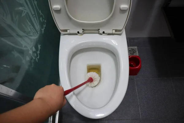 Toilettenreinigung Mit Einer Bürste Toilettenschüssel Reinigen — Stockfoto