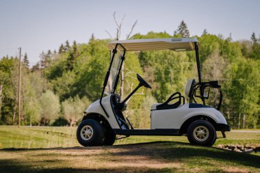 Golf arabası parkı yeşil çimlerde golf sahasında, güzel bir golf sahası manzarası ve güneşli bir arka plan.