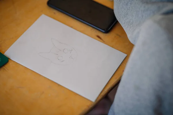 Girl Has Drawn Cat Head White Paper — Stock Photo, Image