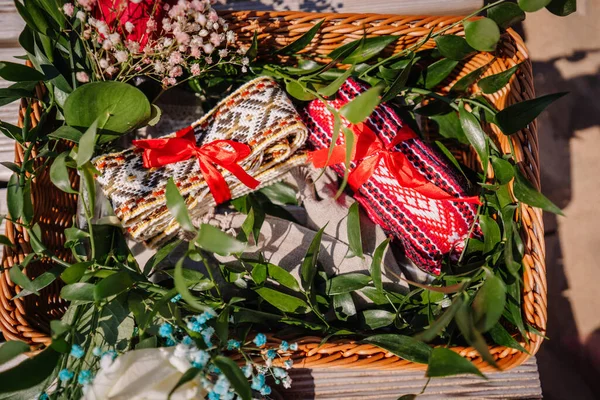 Patterned Belt Placed Decorated Wicker Basket Latvian Initiation Ritual — Stock Photo, Image