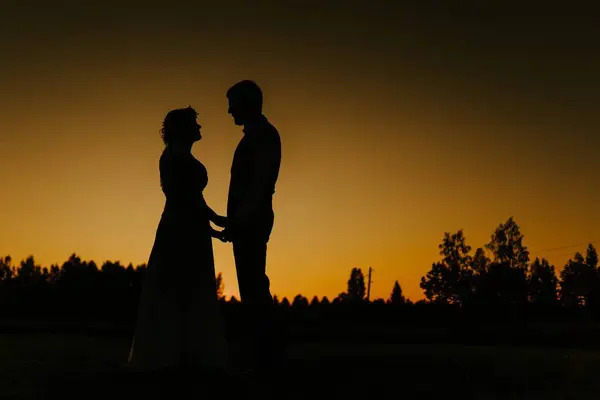 日没の新婚夫婦のシルエットは 結婚式の写真でしばしば撮影される美しいシーンです — ストック写真