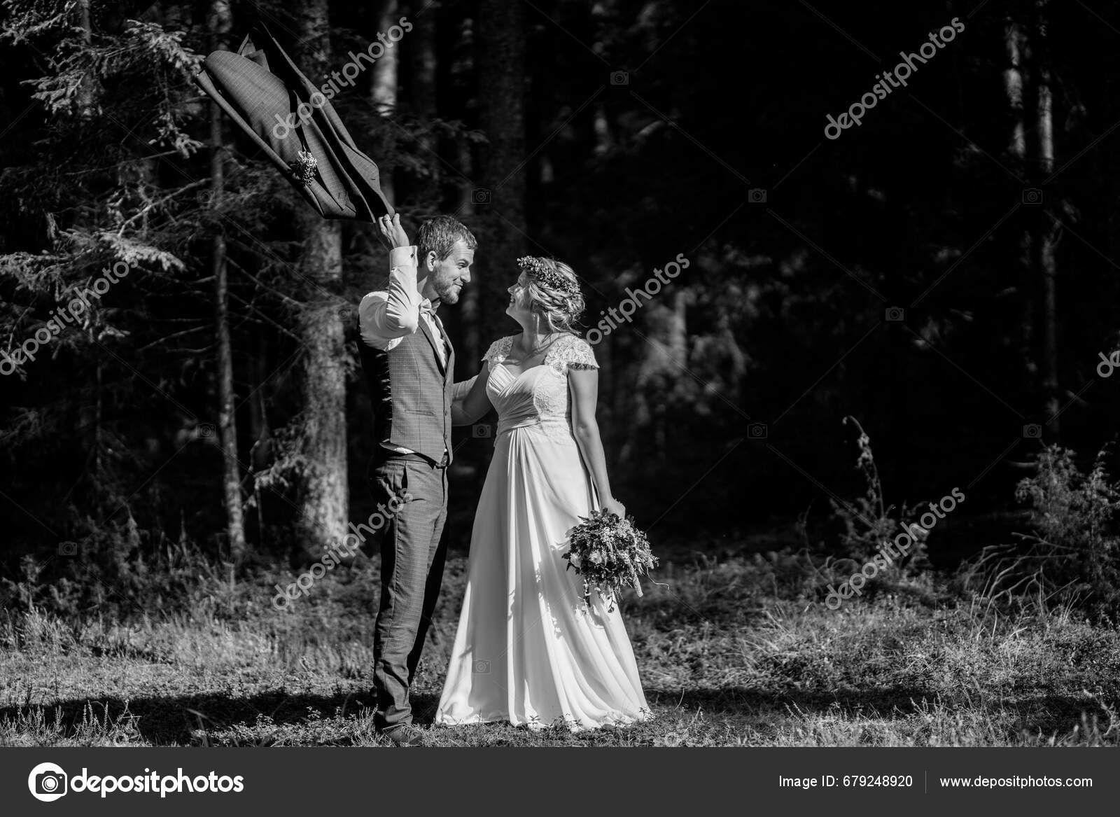Wedding Photo Black White Groom Throws Jacket His Shoulder Looks