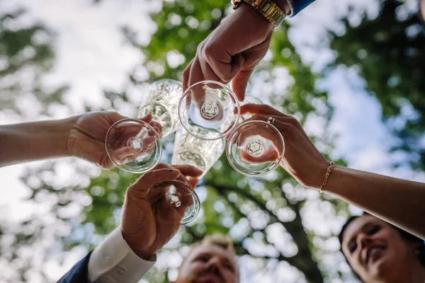 Group of friends making a toast, upward view of hands holding glasses