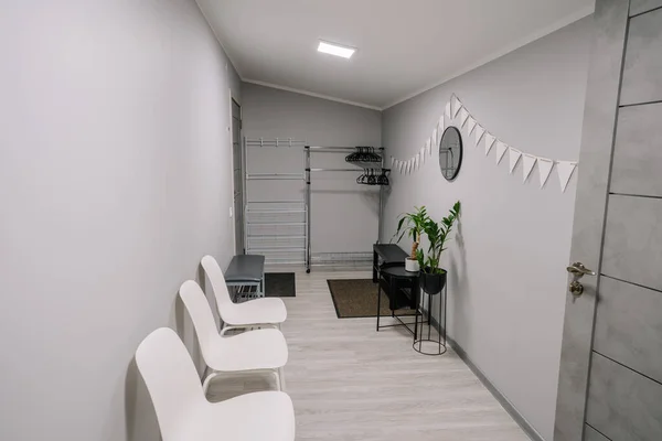 Cozy interior with stylish furniture and modern design. Gray corridor with decorations