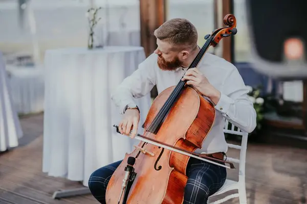 View of musician playing cello at the wedding. Musical Instrument