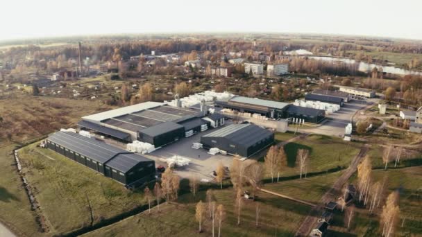 Flygdrönare Syn Grupp Stora Moderna Industriella Lager Eller Fabriksbyggnader Förorten — Stockvideo