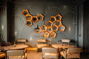 İskandinav minimalist tarzı restoran veya kafe, ön tasarım