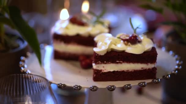 Red Cake Strawberries Cream Cake — Stock Video