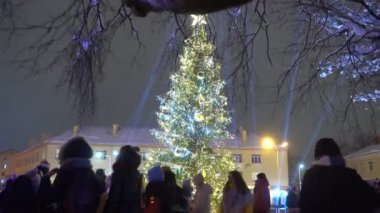 Valmiera, Riga - 3 Aralık 2023 - Noel ağacı ışıklandırması. Çocuklar, gösteriler, Noel ağacı. Kışın şehir merkezinde karanlıkta bir sürü mutlu insan var.