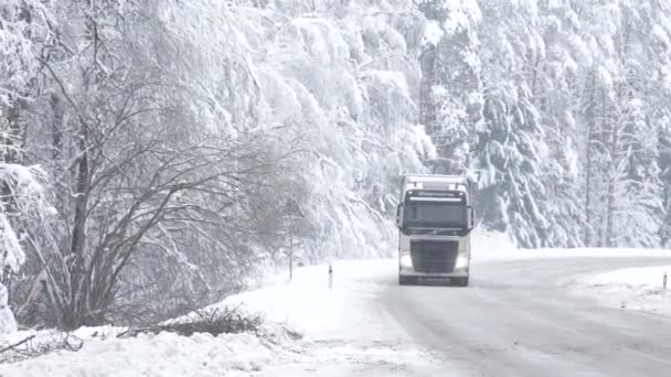 Nákladní Auto Projíždí Chladnými Povětrnostními Podmínkami — Stock video