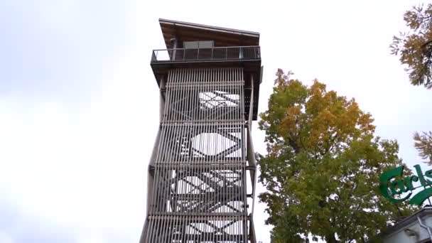 Widok Imponującej Wieży Widokowej Zbudowanej Metalowej Ramki Prezentującej Wzorzystą Fasadę — Wideo stockowe