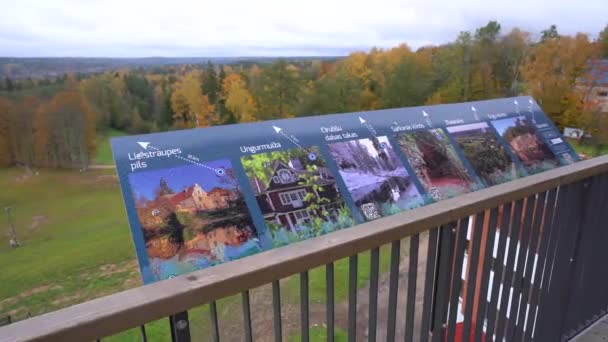 Serie Von Touristeninformationskarten Vor Der Malerischen Kulisse Einer Üppigen Herbstlandschaft — Stockvideo