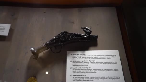 博物館に展示された古い銀製の火器は 歴史的な文脈を提供する情報プラカードで — ストック動画
