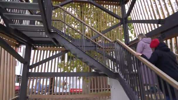 Dois Indivíduos Ascendem Uma Escada Metálica Livre Cercada Por Ripas — Vídeo de Stock