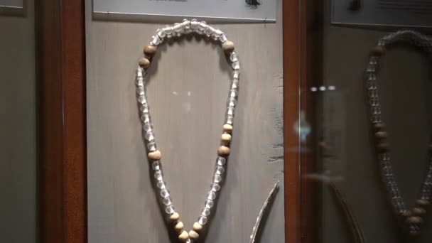 西西中世纪城堡博物馆展出的玻璃柜中的古代珠宝 — 图库视频影像