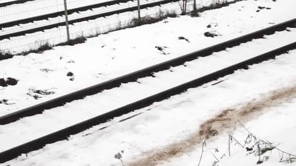 Jeden Tor Kolejowy Biegnący Przekątnej Ramy Tłem Pokrytym Śniegiem Rzadką — Wideo stockowe