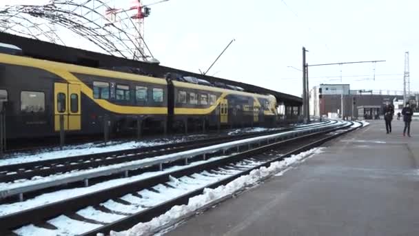 Treno Giallo Nero Stanza Una Piattaforma Ferroviaria Innevata Linee Elettriche — Video Stock