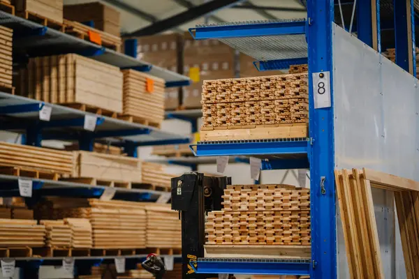 stock image close-up of organized storage in a warehouse setting, featuring neatly stacked wooden planks and materials on blue metal shelving units