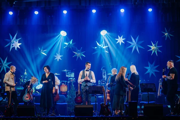 Valmiera Latvia December 2023 Band Stage Various Musicians Instruments Illuminated — Stock Photo, Image