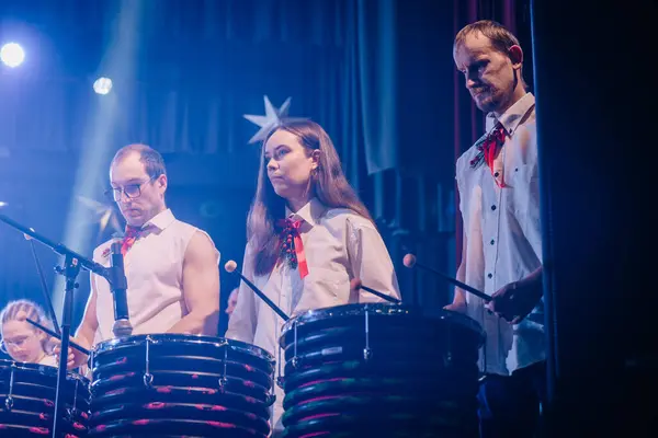 Valmiera Latvia December 2023 Three Musicians Playing Timpani Drums Stage — Stock Photo, Image