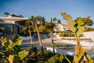 Sotogrante, İspanya - 25 Ocak 2024 - Tropikal bitkiler, su özellikleri, palmiye ağaçları ve açık mavi gökyüzü ile modern tatil beldesi mimarisi.