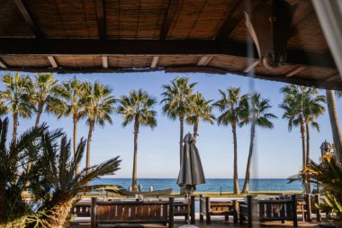 Sotogrante, İspanya - 25 Ocak 2024 - Sazlı bir çatı altında masaları ve sandalyeleri olan açık hava yemek alanı, uzun palmiye ağaçları ve deniz manzaralı.