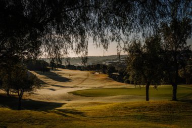 Sotogrante, İspanya - 27 Ocak 2024 - Şafak vakti sakin golf sahası Ağaçlar, gölgeler ve yumuşak altın bir ışık.