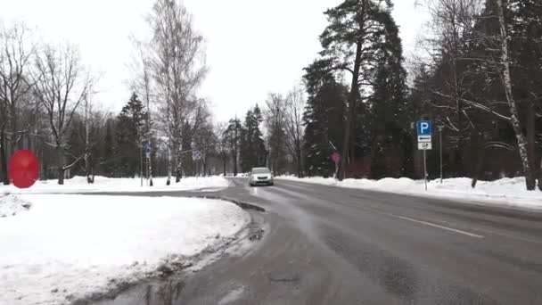 Sigulda Latvia February 2024 Car Driving Wet Road Snow Sides — Stock Video
