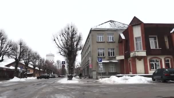 Cesis Λετονία Φεβρουαρίου 2024 Χειμερινή Σκηνή Δρόμου Φυλλώδη Δέντρα Ένα — Αρχείο Βίντεο