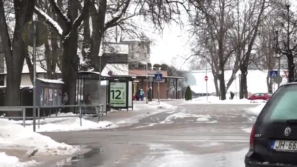 セシス ラトビア 2024年2月13日 車のストリートビュー 歩行者の交差サイン 冬の木々 — ストック動画