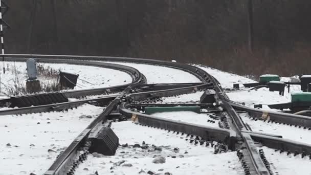 雪と葉のない木に囲まれたスイッチメカニズムで さまざまな方向に分岐する鉄道トラックの閉鎖 — ストック動画