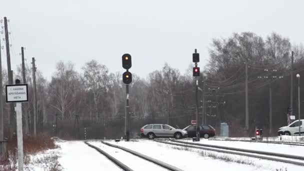 拉脱维亚列帕 2024年2月13日 铁路过境点有信号灯 雪地和光秃秃的树木 汽车在十字路口穿过火车轨道 — 图库视频影像
