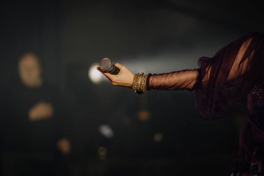 Valmiera, Letonya - 15 Şubat 2024 - Pırıl pırıl bileziklerle donatılmış bir kol mikrofon tutuyor, bir müzik performansı anı yakalıyor..