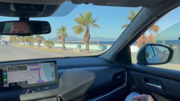 スペインのソトグランデ 2024年1月22日 車内からの眺め 遠くのヤシの木々や山々と海辺の遊歩道を見渡す — ストック動画