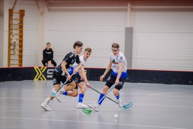 Valmiera, Letonya - 17 Şubat 2024 - Üç florbol oyuncusu, kapalı alanda top için yarışıyor..