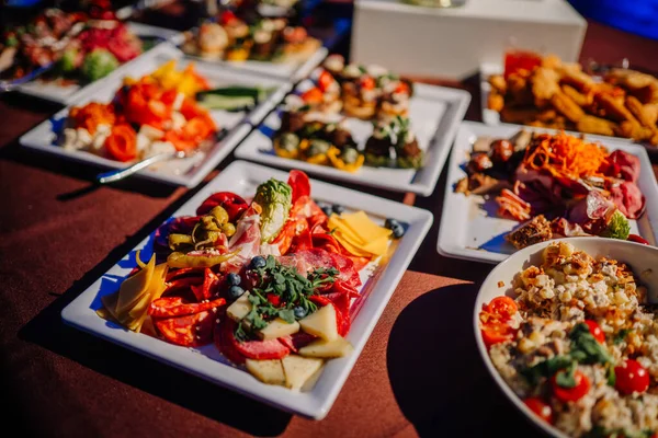 Riga, Letonya - 16 Şubat 2024 - bir dizi gurme yemek tabağı çeşitli renkli tabaklar açık büfe masasında.