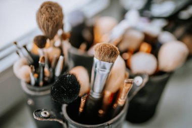 Riga, Letonya - 20 Ocak 2024 - farklı boylarda ve şekillerde çeşitli makyaj fırçaları koleksiyonu,.