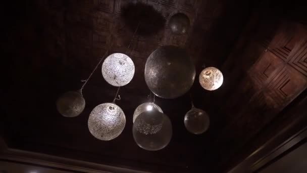 Agadir Morocco February 2024 Hanging Spherical Lights Intricate Patterns Textured — Stock Video