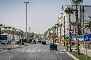 Agadir, Fas - 28 Şubat 2024 - Güneşli bir şehir ortamında trafik işaretleri, palmiye ağaçları ve araçlarla dolu geniş bir cadde..