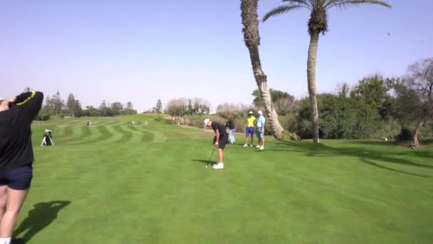Agadir Marrocos Fevereiro 2024 Golfista Camisa Verde Observa Taco Perdido — Vídeo de Stock