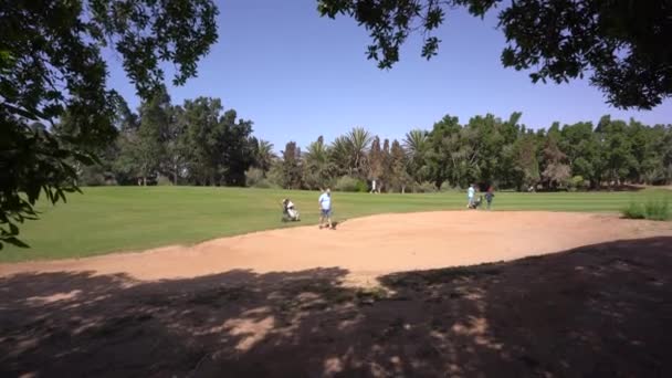 摩洛哥阿加德德 Agadir 2024年2月27日 球道上的高尔夫球手 在清澈的天空下 绿树成荫的沙坑旁边 带着推车 用耙把地堡打扫干净 — 图库视频影像