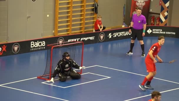 Valmiera Latvia March 2024 Floorball Goalkeeper Black Gear Crouched Front — Stock Video