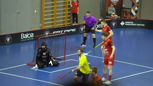 Valmiera Latvia March 2024 Image Floorball Goalie Black Gear Kneeling — Stock Video